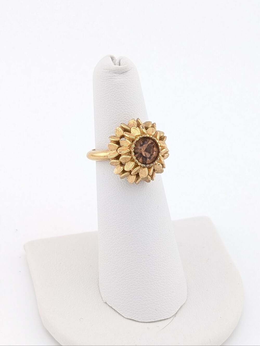 Vintage Gold Sunflower Crystal Adjustable Cocktail Ring - Avon Estate Jewelry